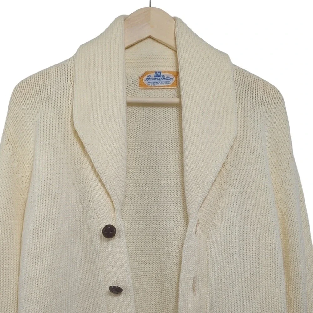 Vintage Herman Phillips Ivory Shawl Collar‎ Cardigan Sweater Preppy Heritage Med